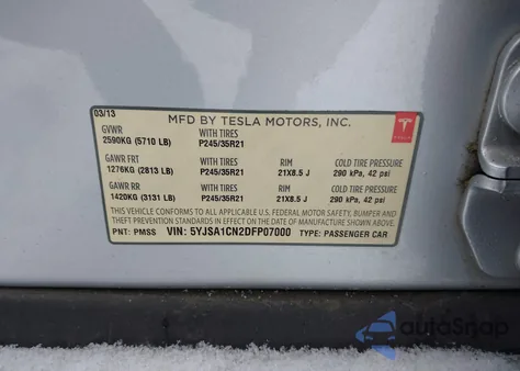 2013 Tesla Model S z USA, uszkodzony, nr VIN 5YJSA1CN2DFP07000